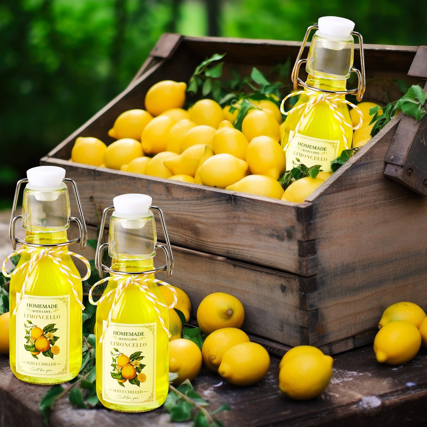 Havawish 20 Sets 4 oz Limoncello Bottles Swing Top Glass Bottles for Homemade Clear Flip Top Mini Limoncello Bottle with Labels Airtight Cap Lids for Home Brewing Gifts Wedding Baby Shower Favors