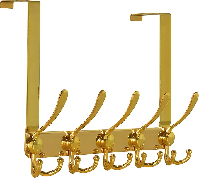 Dseap Over The Door Hook Hanger - 5 Tri Hooks, Heavy Duty Over The Door Towel Rack Coat Rack for Clothes Hat Towel,Gold
