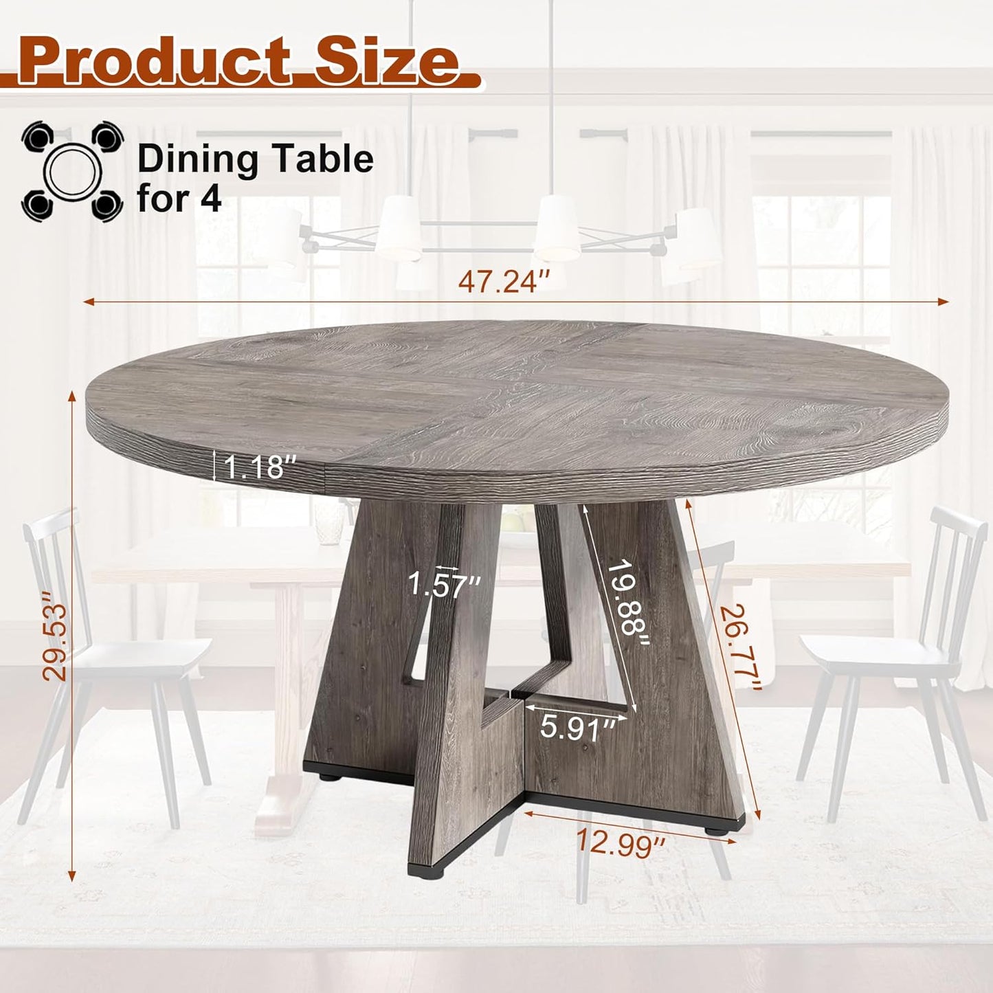 Round Dining Table for 4, 47 Inch Dinner Table Farmhouse Wooden Circle Kitchen Tables with Cross Base for Dining Room, Kitchen, Living Room, Gray