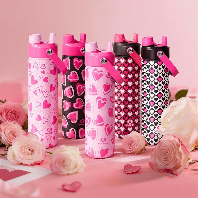 ENCOOL Valentine's Day Insulated Water Bottle with Straw Stainless Steel Water Bottle, Leak-Proof, BPA-Free, Keeps Cold for 24 Hours for Sports, Travel, School (26 oz, Sweet Hearts Violet x Black)