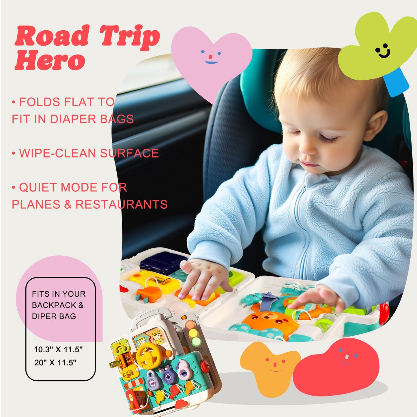 ROHSCE Textured Sensory Balls & Baby Rattle + Montessori Busy Board with Lights & Music, Hand Catching, Montessori Toys, Fine Motor, Travel Toy for Airplane/Car, Gifts for Babies 3–6M & Toddlers 1–3