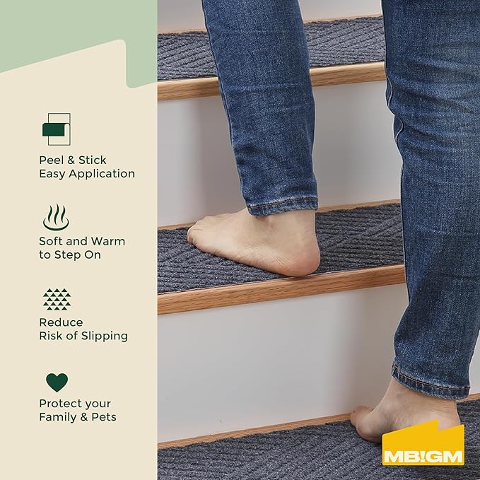 MBIGM 8 X 30inches, 15 in Pack, Non-Slip Carpet Stair Treads Non-Skid Safety Rug Slip Resistant Indoor Runner for Kids Elders and Pets with Reusable Adhesive, Dark Gray Weave