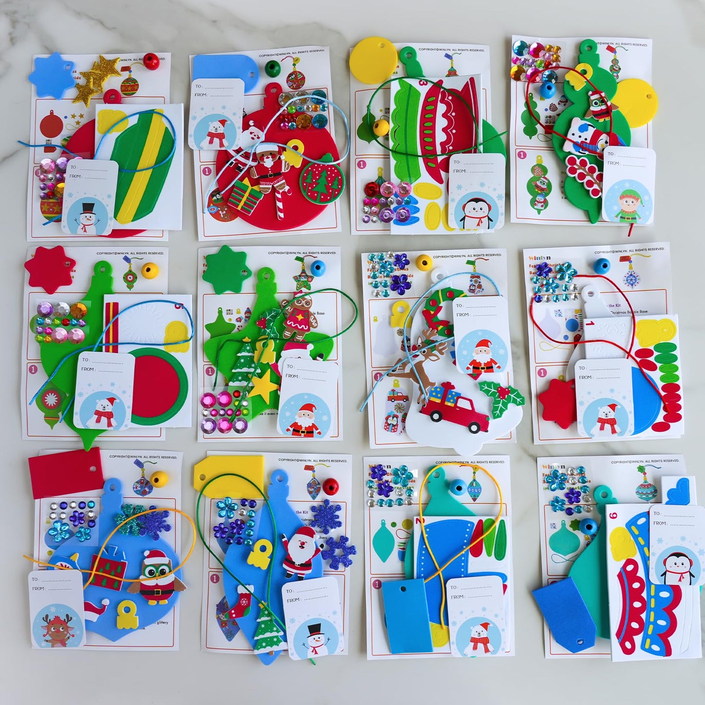 Winlyn 24 Sets 12 Designs Christmas Craft Kits Winter Crafts DIY Holiday Bauble Ornaments Tree Decorations Sets Festive Foam Stickers Arts and Crafts for Kids Party Favors Home Classroom Activities