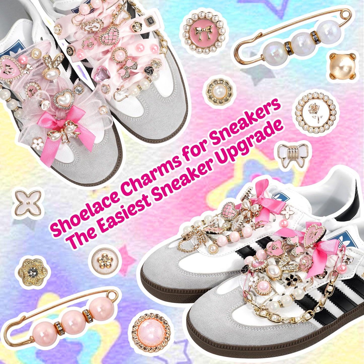 Lugailly Shoe Charms for Sneakers, Junk Socks Charms Kit, 100 PCS Pink Sneaker Charm for Women Teen Girls with Satin & Lace Shoelaces, Cute Shoelace Charm for Shoe Jewelry Decoration Accessories