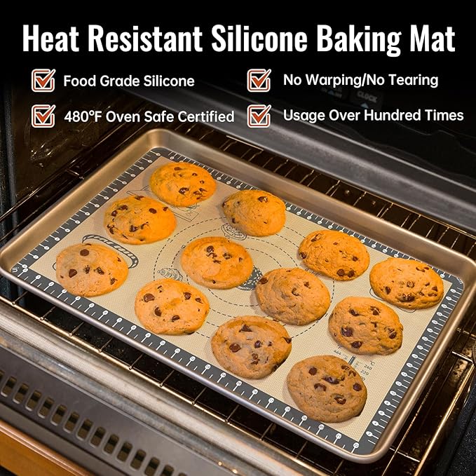 Silicone Baking Mat with 10 Quick Recipes, Extra Thick Silicone Mats for Baking, Non Stick Pastry Mat,Reusable kneading Dough Rolling Mat for Cookie, Macaron, Bread, Pizza-Tutorial Video Included