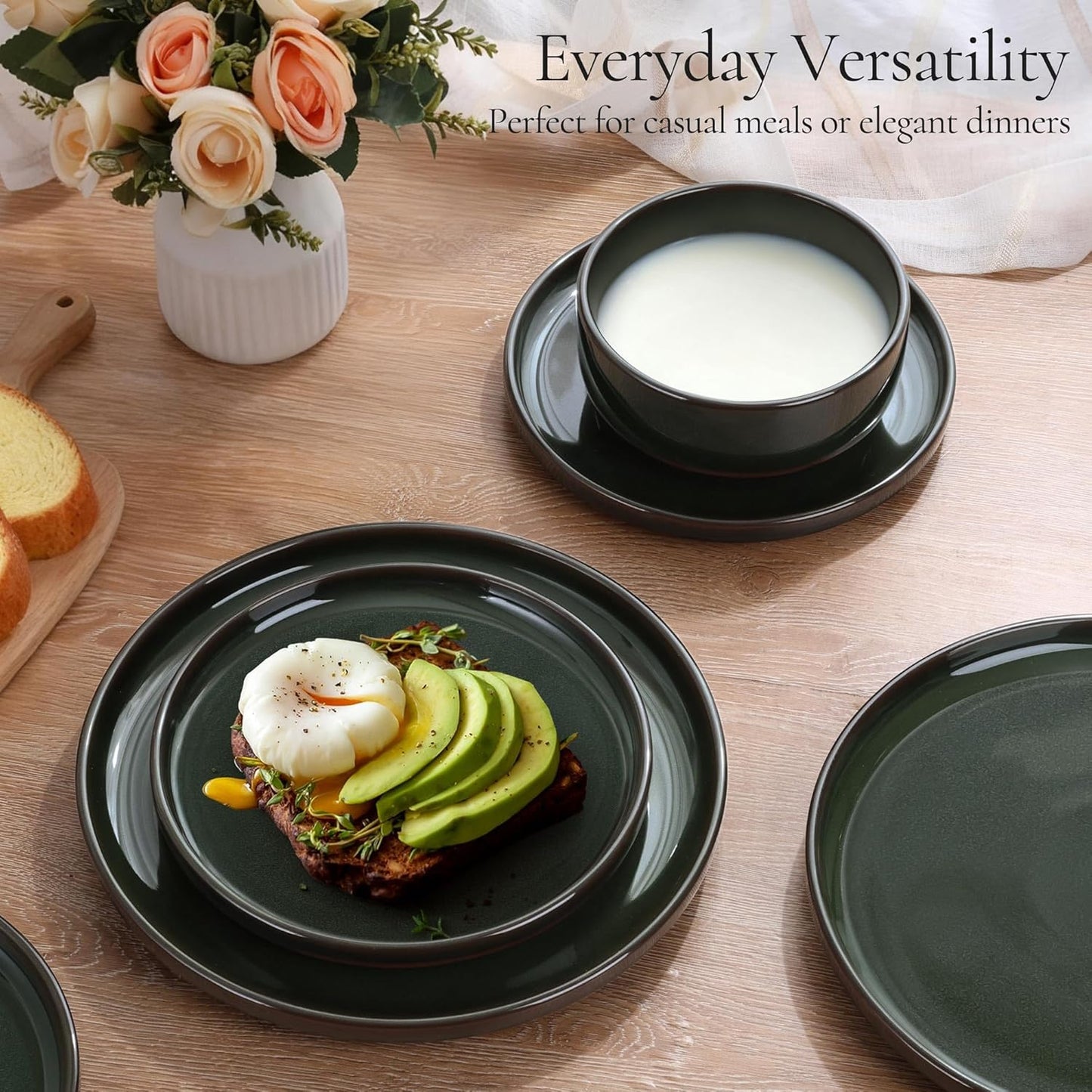 E-far Stoneware Dinnerware Sets for 4, 12 Pieces Reactive Glaze Plates and Bowls Sets, Elegant Dishes with Rustic Terracotta Base, Dishwasher & Microwave Safe, Scratch Resistant, Blackish Green