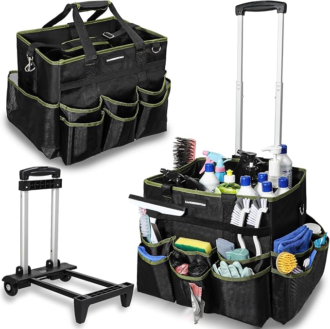 Large Rolling Cleaning Caddy Bag, Cleaning Caddy with Wheels with Detachable Trolley for Housekeepers, Water Resistant Cleaner Supplies Organizer with Wheels for Kitchen, Car, Picnic(Black-Green)