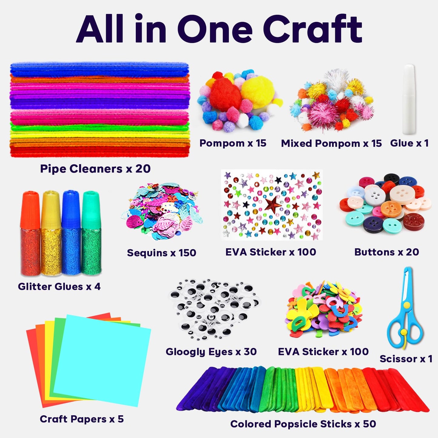 FUNZBO Arts and Crafts Supplies for Kids - Mother's Day Toddlers Craft Kit with Glitter Glue Stick,Pipe Cleaners Pom Poms Craft Tools, DIY School Supplies Kit, Birathday Gifts for Girls Boys Age 4+