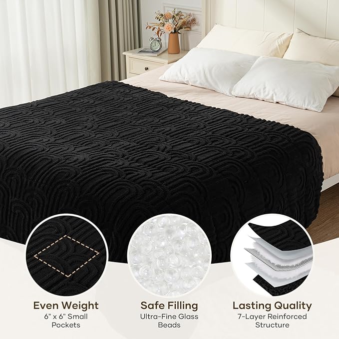 Cottonblue Jacquard Weighted Blanket for Adults 15 lbs Queen Size, Cozy Fluffy Sherpa Fleece Weighted Throw Blankets 60" x 80" for Sleep Relax, Fuzzy Warm Arch Heavy Blanket Soft for Bed Couch, Black