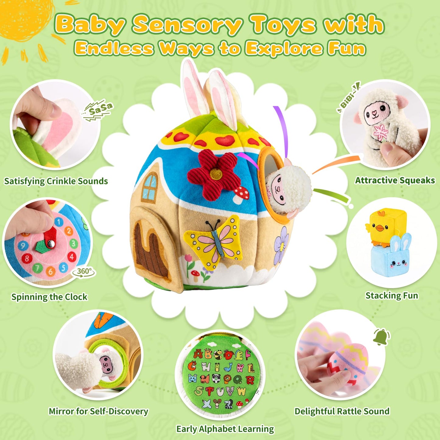 Baby Toys 6-12-18 Months - My First Plush Bunny Burrow with Stuffed Animals, Rattle, Crinkle, Teether, Montessori Sensory Toys for Babies Toddlers 1-3, Baby Easter Basket Stuffers for Boys Girls Gifts