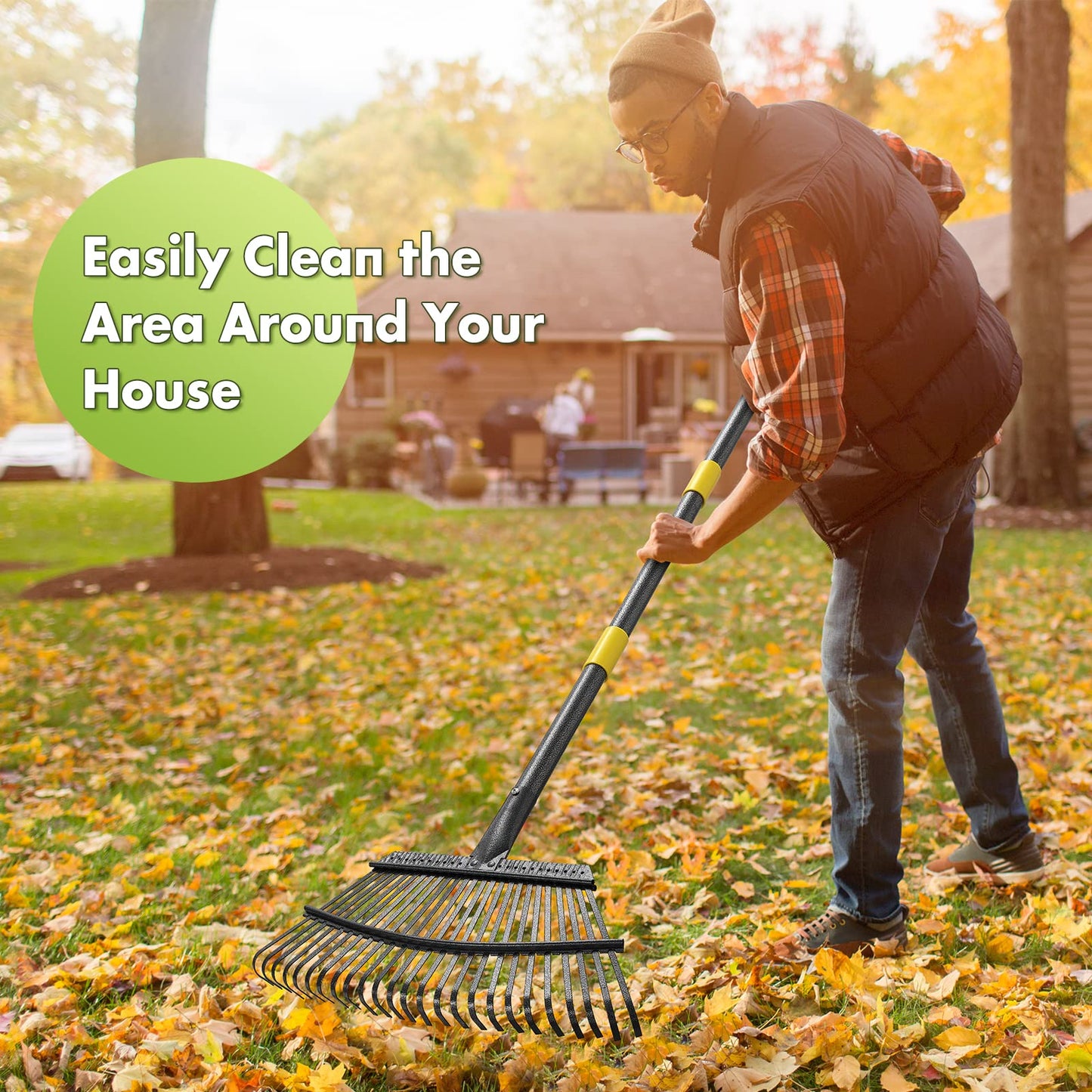 INFLATION Heavy Duty Garden Rake for Leaves for Lawns 65” Length 18” Width Adjustable 25 Tines Sturdy Metal Yard Gardening Leaf Rakes for Women Men with Smooth Comfortable Long Handle