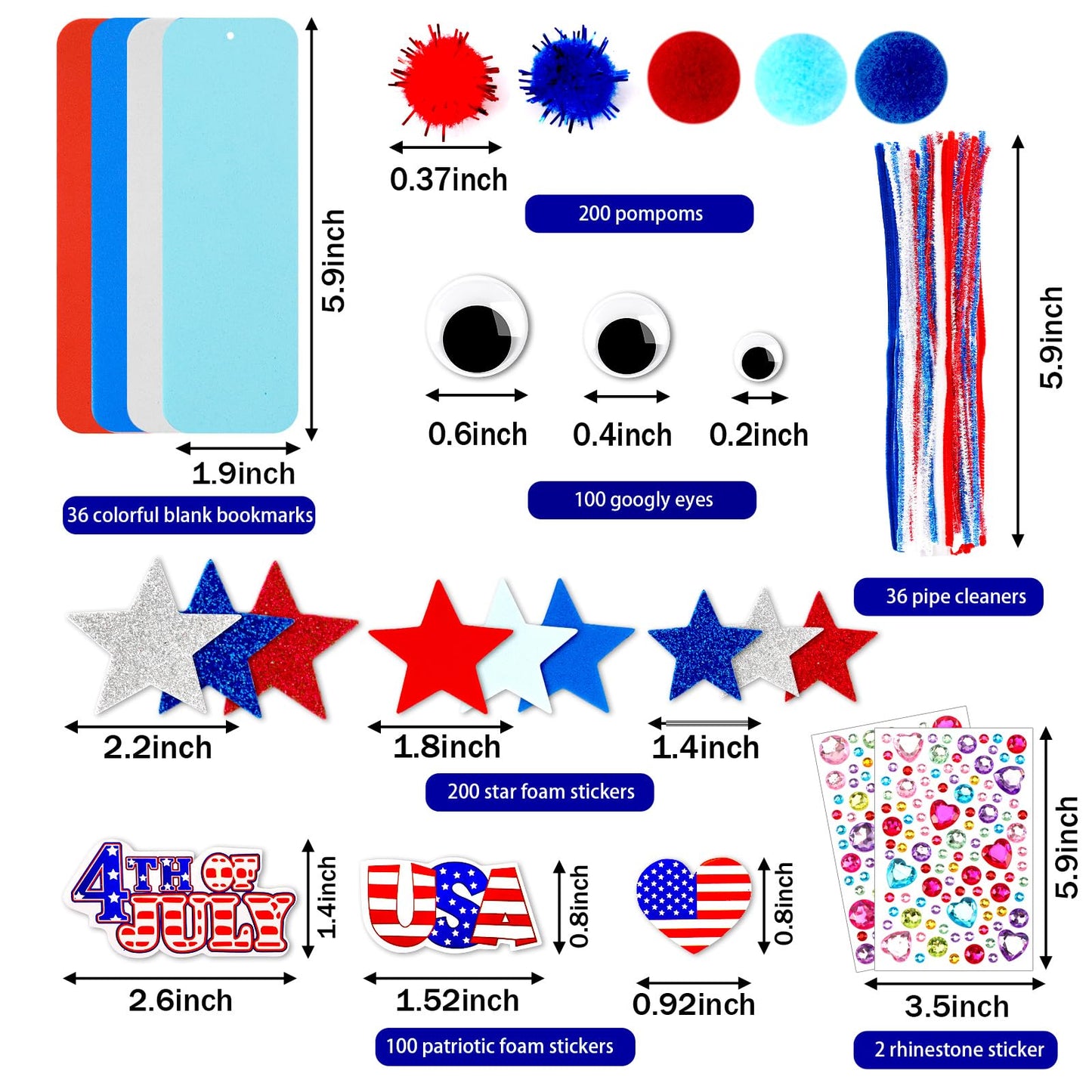 JULBEAR 36 Sets 4th of July Crafts Kits DIY Blank Foam Bookmarks Decorations Sets Patriotic Star Foam Self-Adhesive Stickers Arts for Kids Independence Day Party Favors Gift Exchange