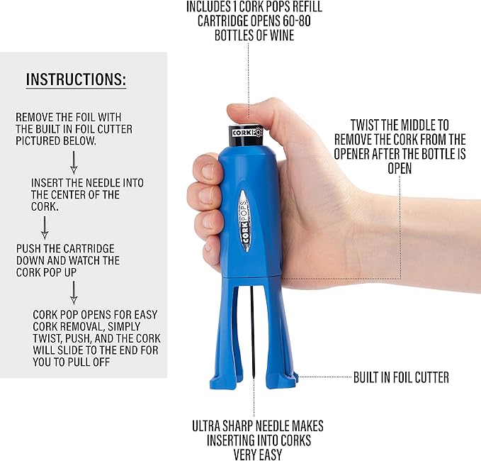 Cork Pops Legacy Wine Opener Built-in 4-Blade Foil Cutter Safe Cork Removal, Effortless Push Button Use, Needle Guard for Safety, Low-Pressure Cartridge Opens Up To 60 Bottles