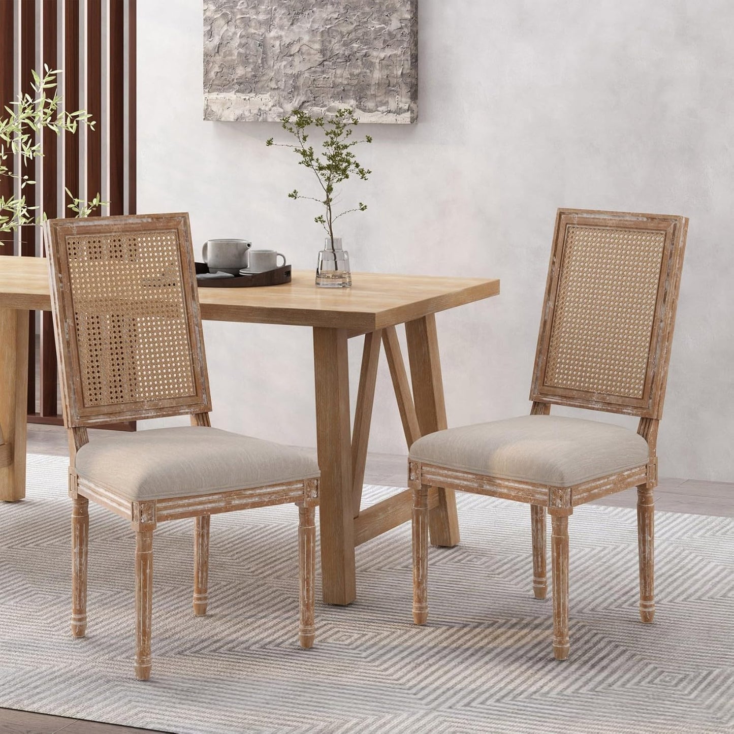 Merax Upholstered Solid Wood Dining Chairs Set of 2, French Country Style Accent Side Seating Furniture for Kitchen, Living Room, Wicker Back, Beige