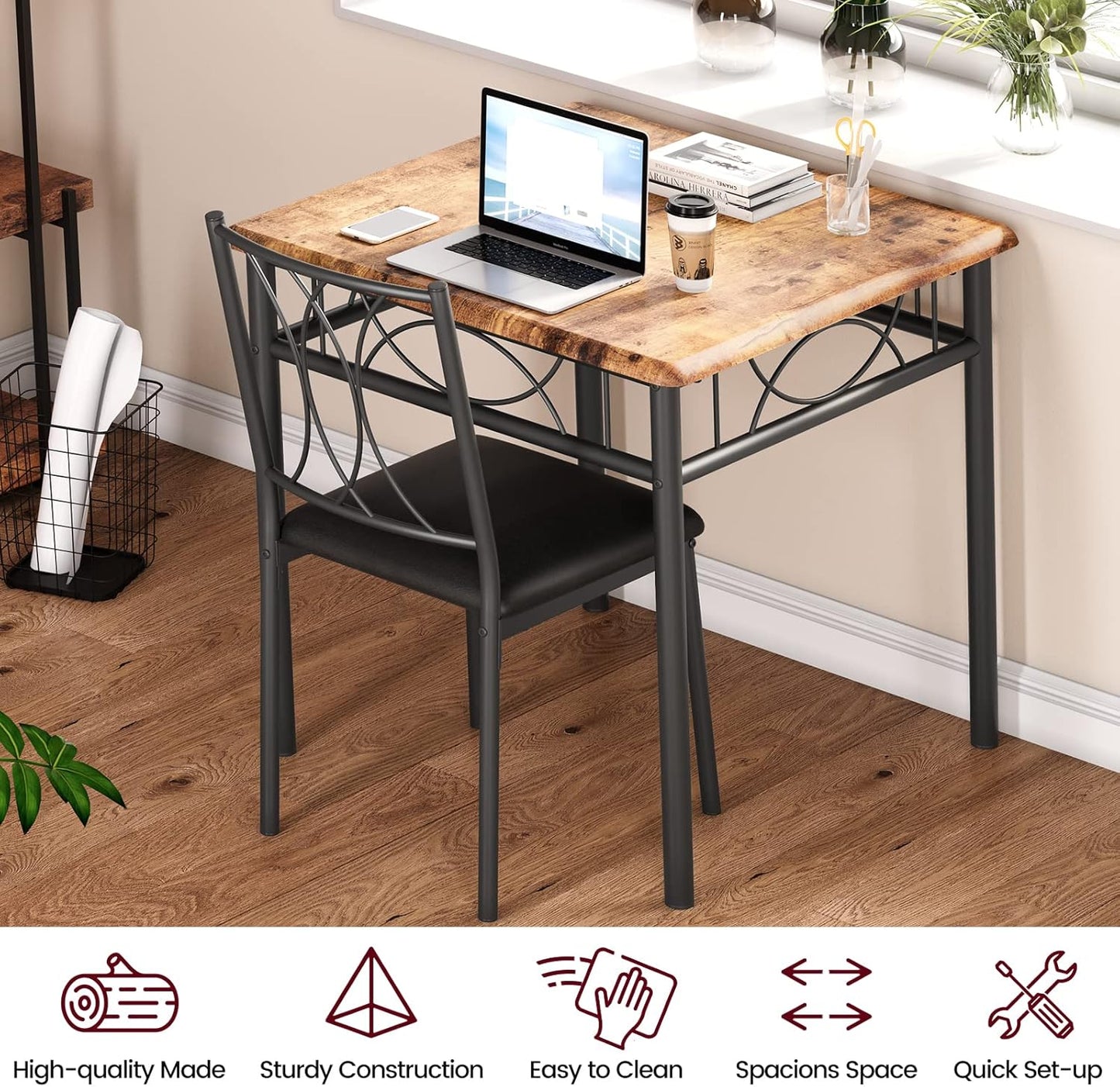 CABIHOME Dining Table Set for 2, 3 Piece Kitchen Table Set with 2 Upholstered Chairs, Square Kitchen Table Set for Small Space, Apartment, Dining Room, Retro Brown