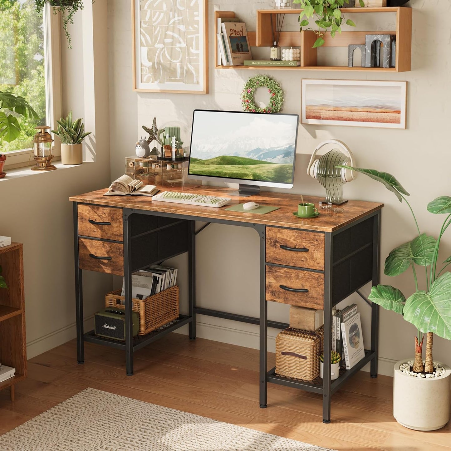 Huuger 47 Inch Computer Desk with 4 Drawers, Office Desk with Mesh Shelf, Gaming Desk, Large Storage, Writing Work Desk for Home Office, Study, Bedroom, Work from Home, Rustic Brown