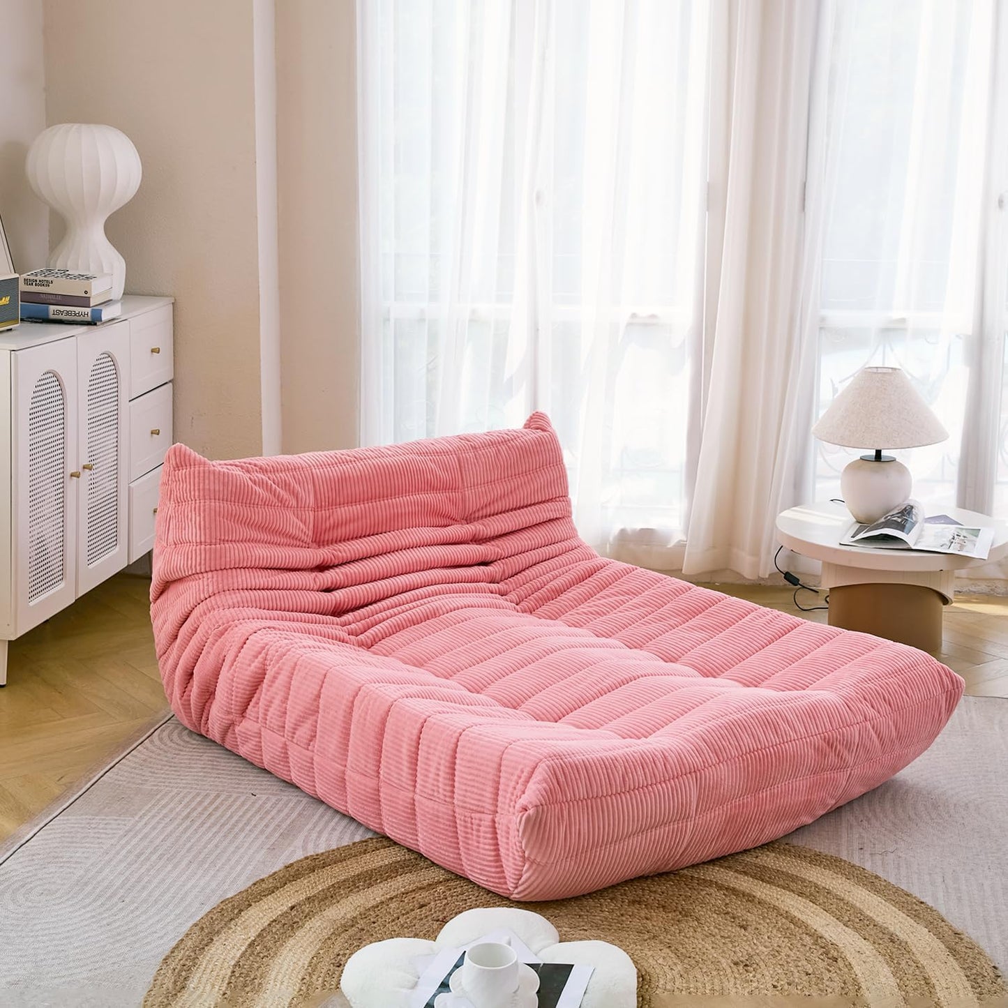 N&V Fireside Lounge Chaise Chair, Mid Century Armless Floor Lounger Sofa, Soft Premium Corduroy Floor Lounge Chair, Foam Sofa Accent Lounger for Living Room Bedroom and Office, Salmon