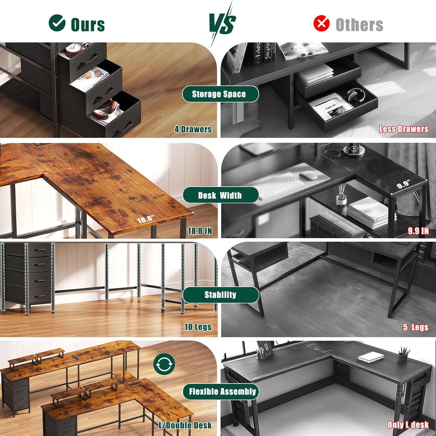 66" L Shaped Computer Desk with Power Outlets, Home Office Desk with 4 Adjustable Storage Drawers & 2 Monitor Stands, Large Two Person Gaming Table for Writing Study, Rustic Brown