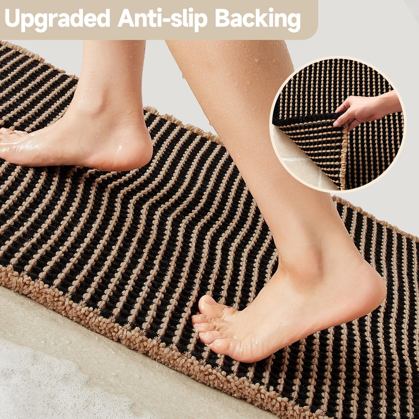 Waffle Runner Rug Bathroom, Long Boho Bathroom Rugs Non Slip Washable Super Absorbent Quick Dry Farmhouse Bath Decor, 72"x24" Khaki and Black