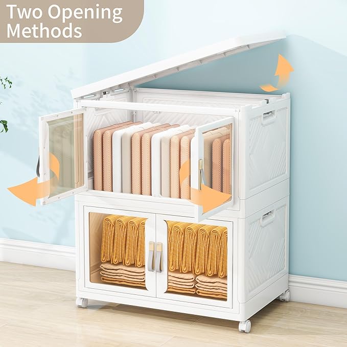 Large Stackable Storage Bins with Lids, 460QT-115QT*4Pack Foldable Cabinet for Closet Organizers, Plastic Storage Containers Box with Wheels