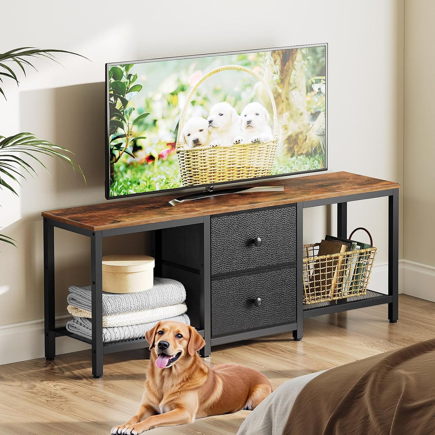 TV Stand for TVs up to 55", Entertainment Center with 2 Fabric Drawer, Media Console with Shelves, Television Stands for Living Room, Bedroom, Rustic Brown and Black DS02BR