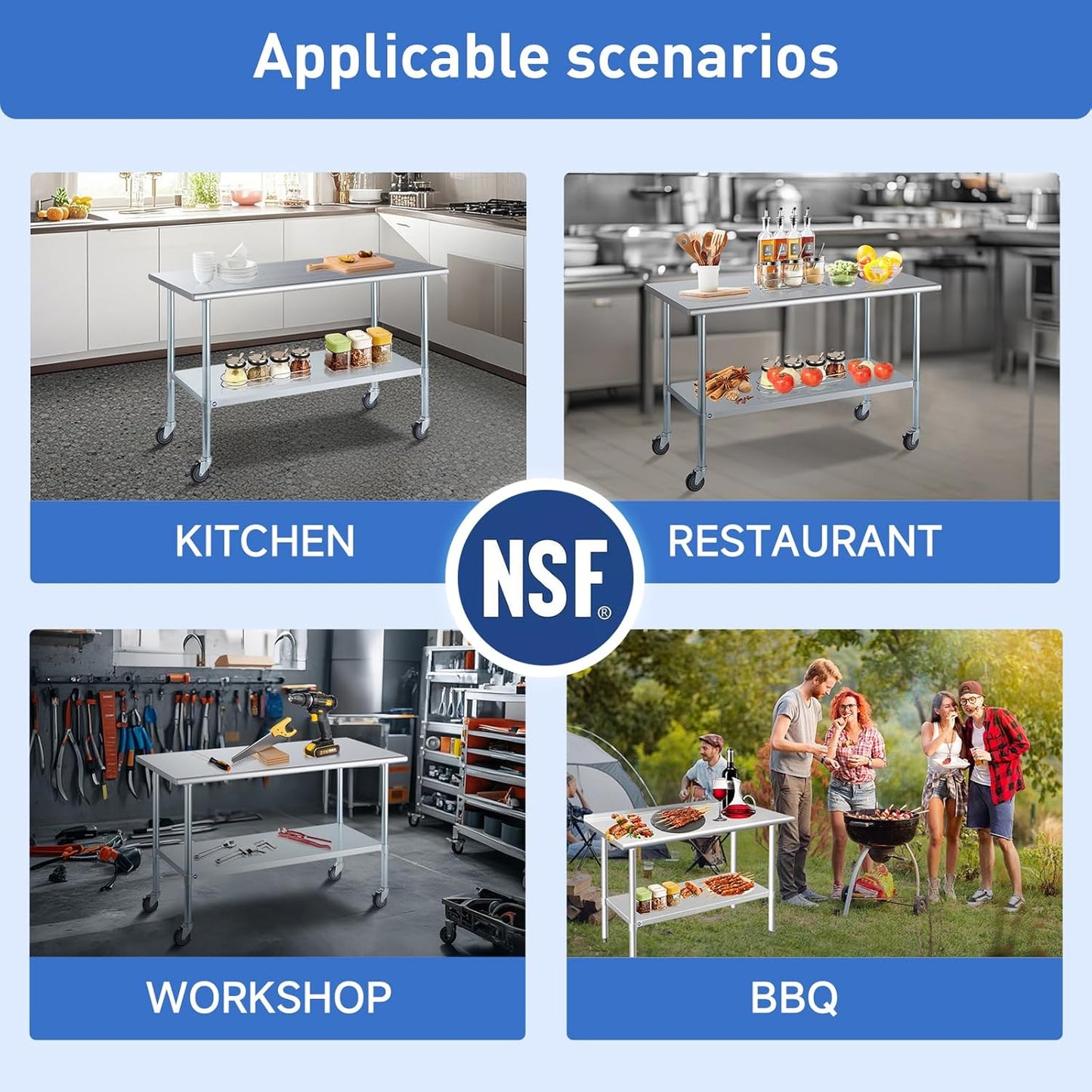 ROCKPOINT Stainless Steel Table for Prep & Work with Caster Wheels 24x48 Inches, NSF Metal Commercial Kitchen Heavy Duty Table with Adjustable Under Shelf and Table Foot for Restaurant, Home and Hotel
