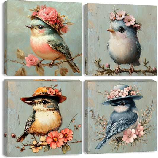 Clendo 4 Pack Bird Paint by Numbers Kit for Adults Beginners Framed - DIY Vintage Adults Paint by Numbers Kits on Canvas with Frame, Small Easy Acrylic Oil Painting for Home Wall Decor (8 x 8 Inch)