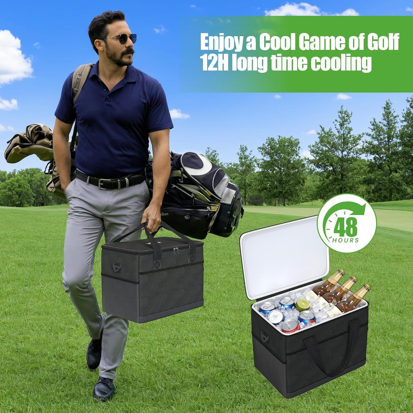 10L0L Golf Cart Ice Bag, 27L Large Capacity Waterproof Oxford Cooler with Multi-Pocket Design, 6-Hour Insulation, Easy Access & Lightweight for Yamaha EZGO Club Car Golf Cart Accessories (Black/Gray)