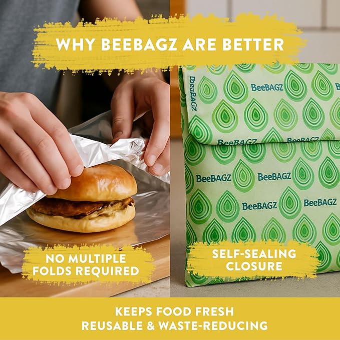 BeeBAGZ - Assorted 3 Pack - Beeswax Wrap Storage Bag - Plastic and Silicone Free - Reusable Beeswax Food Wrap Bags- 2 Sizes (Lunch Pack, 2 Small + 1 Medium, (Multicolor)