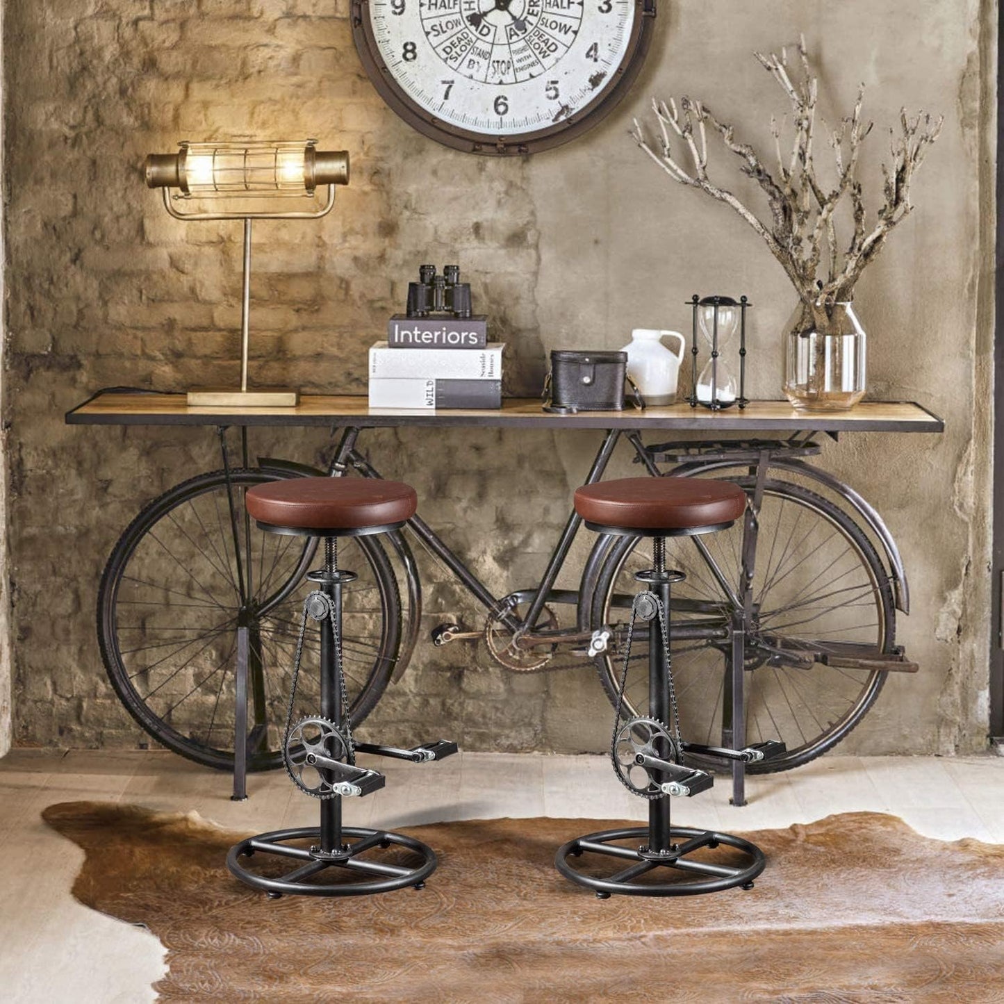 Topower Vintage DIY Bar Stool Bicycle Chain Iron Pedal Retro Industrial Height Adjustable Bicycle Wheel Design bar Chair Set of 2 Silver