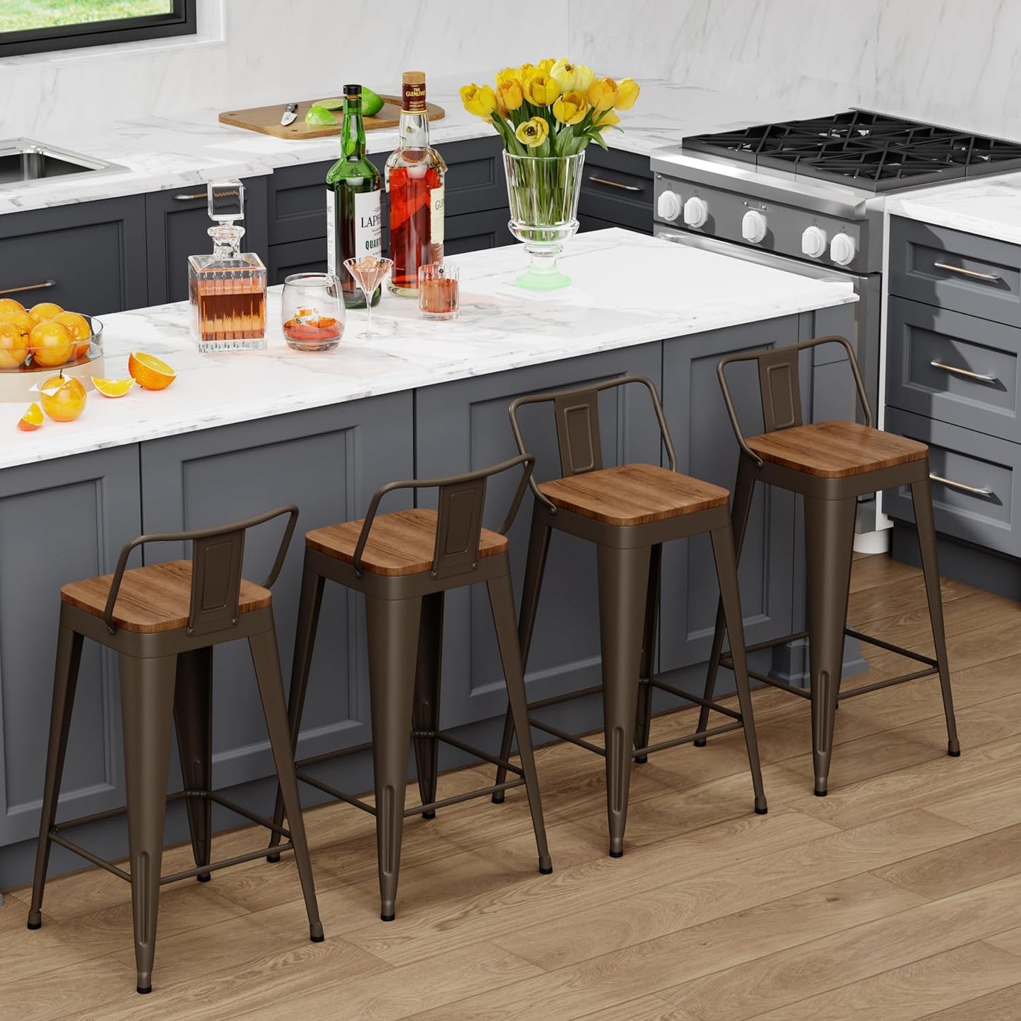 WENTMENT Bar Stools Set of 4 Counter Height Bar Stools Metal Barstools with Removable Back 26" Kitchen Bar Stools with Wooden Seat, Rusty