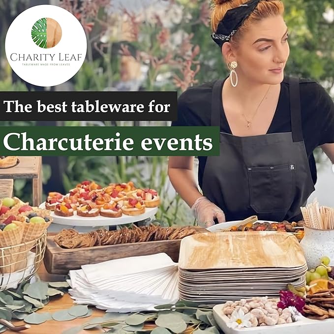 Charity Leaf Compostable 10" Square Palm Leaf Dinner Plates (200-pack) | Premium, 100% Natural, Disposable, Heavy Duty | Perfect for Parties, Weddings & Catering Events