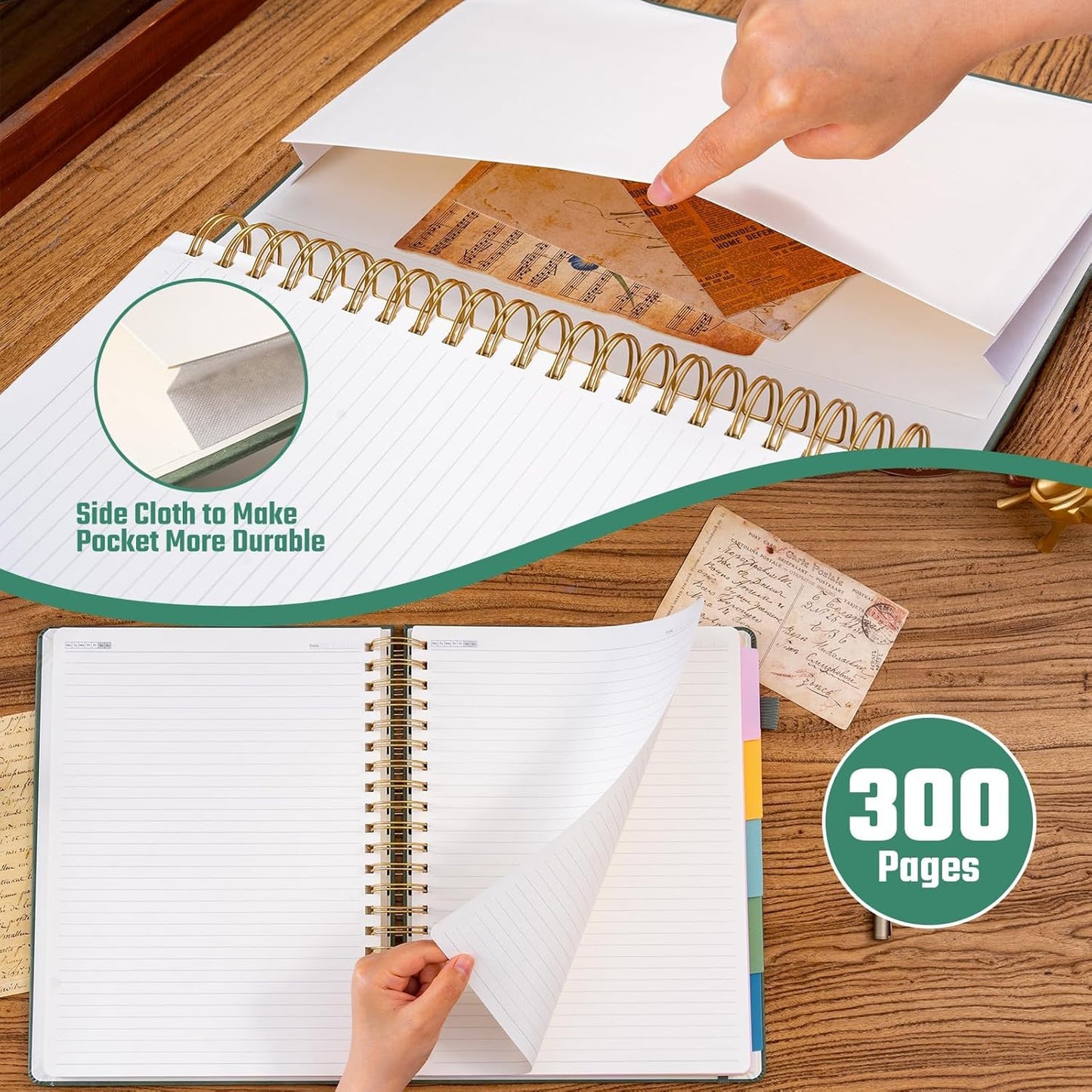Hardcover Spiral Notebook 8.5" x 11" with 5 Removable Dividers 300 Pages Leather 5 Subject Notebook College Ruled 100GSM Large Spiral Notebooks for Work Thick Lined Journal for Women, Pink