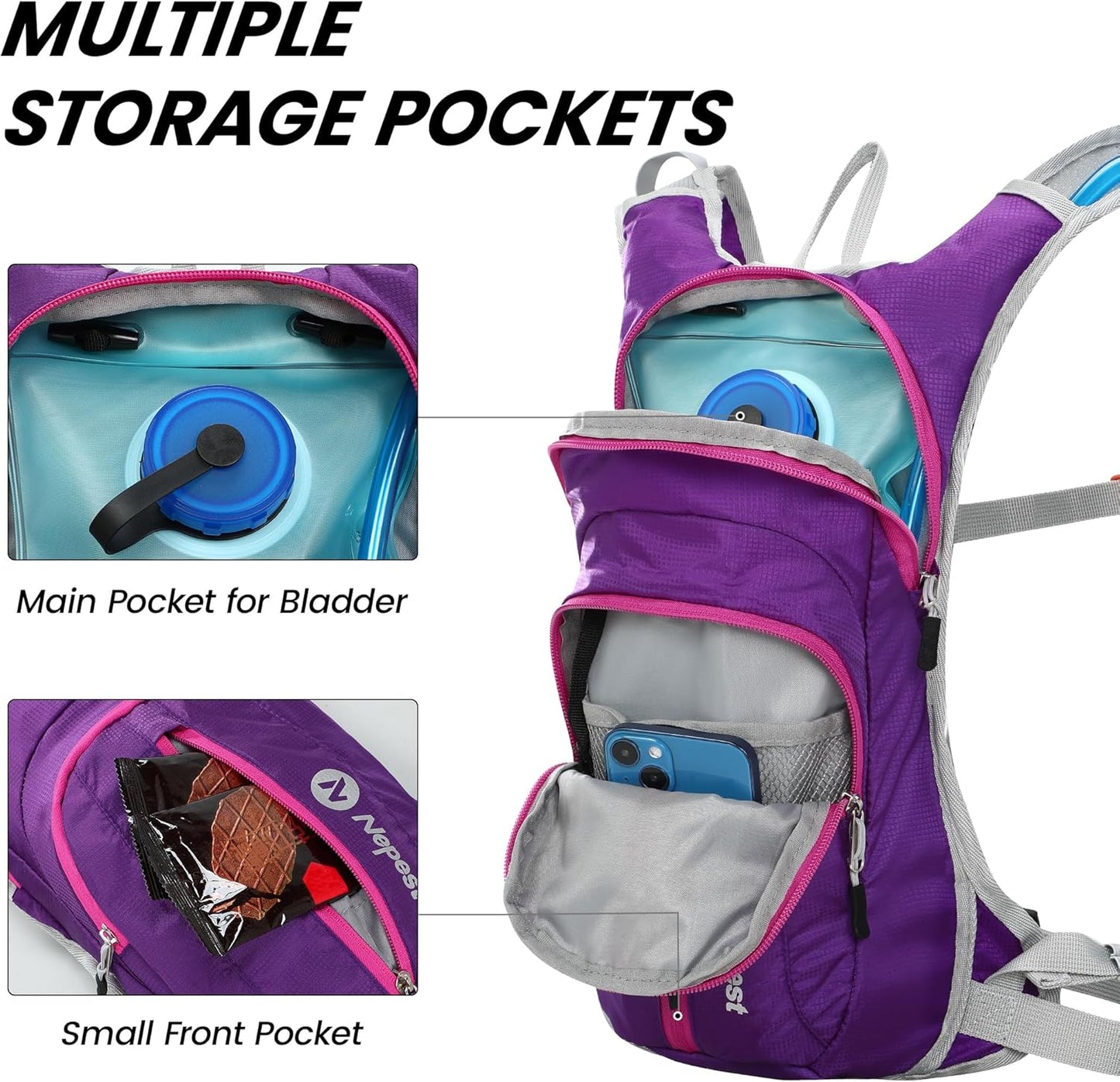 Nepest Hydration Pack Backpack for Women & Men, Lightweight Water Backpack with 2L Water Bladder for Hiking Cycling Running Biking