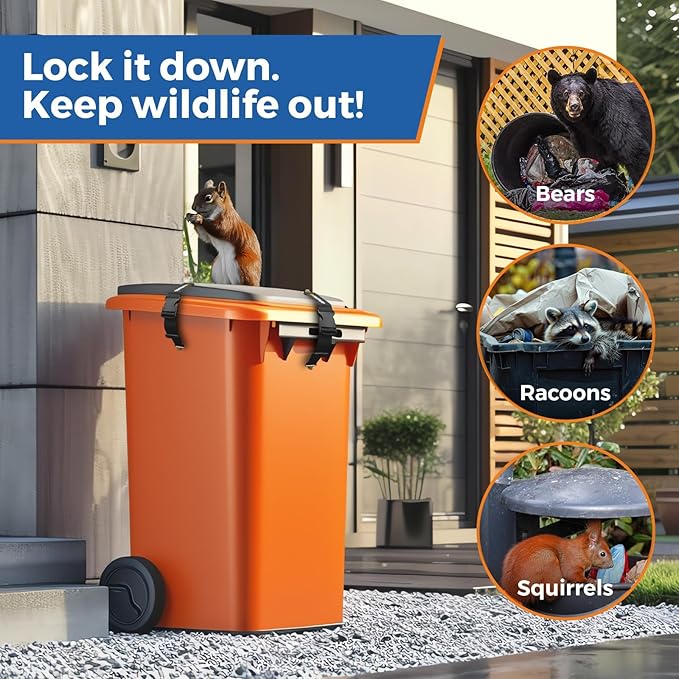 2PCS Heavy-Duty Bear Proof Trash Can Locks - Animal-Proof Garbage Can Lid Straps for 28-96 Gallon Outdoor Bins, Secure Locking Buckle Against Raccoons & Wildlife