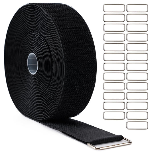 2 x32Ft Hook and Loop Straps Cinch Straps Heavy Duty with 25 Metal Buckles, Adjustable Fastening Cable Straps, Free Cut Length,