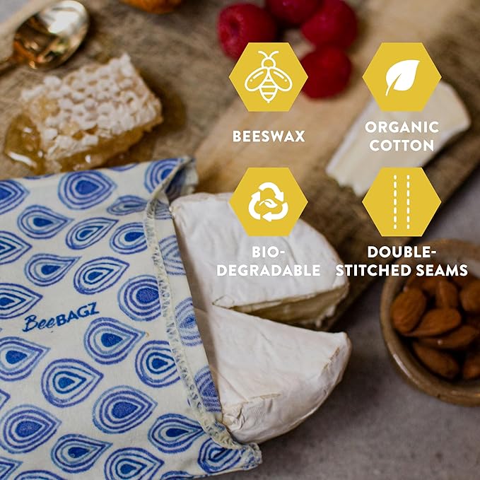 BeeBAGZ - Beeswax Wrap Storage Bag, Reusable Food Storage Bags, Pack of 3, Plastic Free Biodegradable Food Wrap Alternative, Starter Pack, 1 Small + 1 Medium + 1 Large, (Blue)