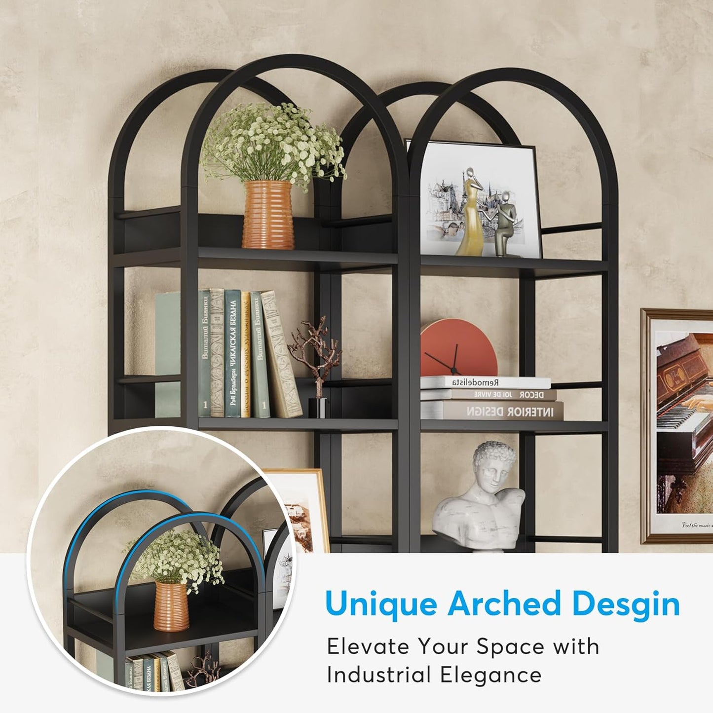 LITTLE TREE 6-Tier Open Bookshelf, 78.7" Tall Arched Bookcase, Black Wooden Bookshelf with Metal Frame, Freestanding Narrow Bookcase Display Shelves for Living Room, Bedroom, Office