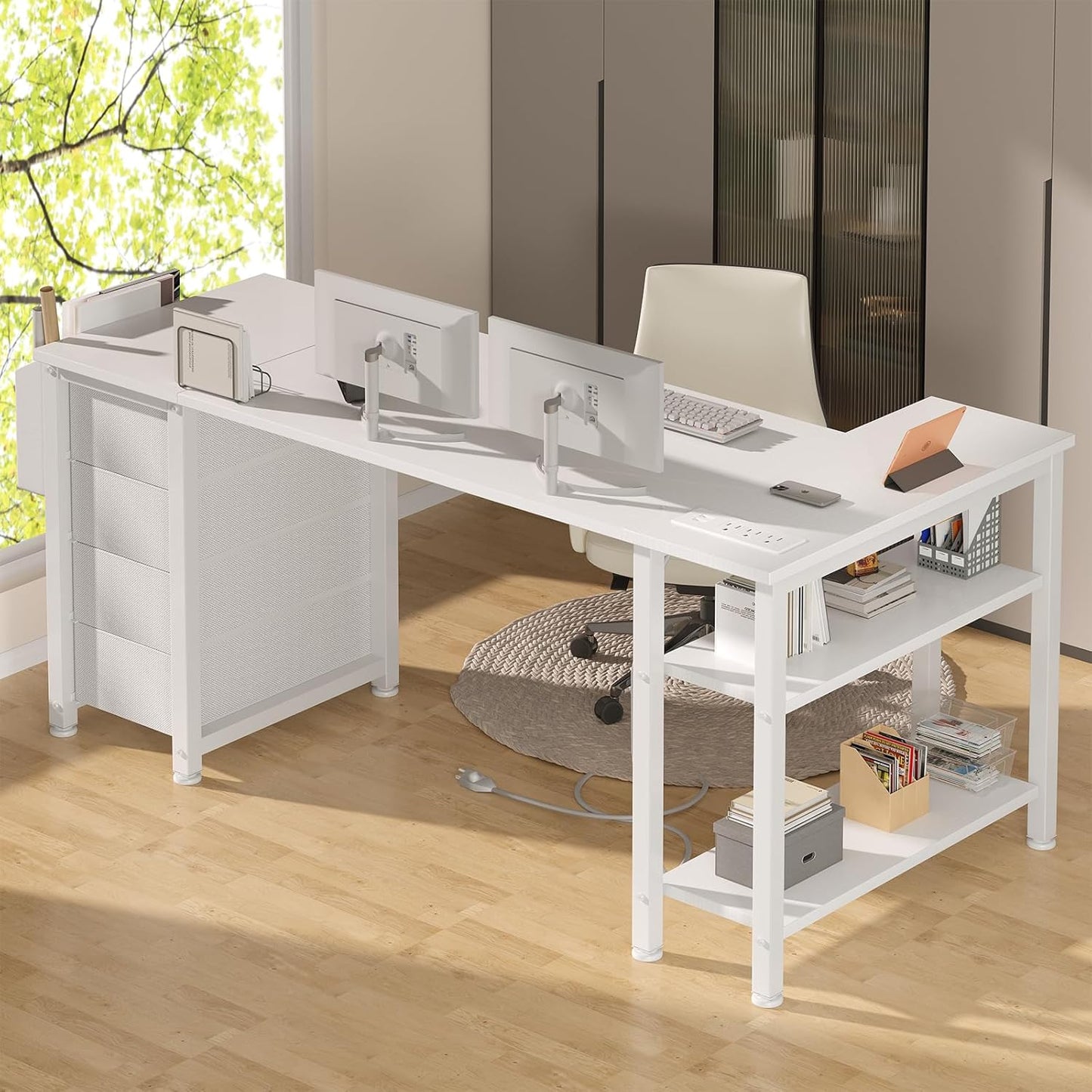 Lufeiya White L Shaped Desk with Drawers & Storage Shelves, 55 Inch Corner Computer Desk with Power Outlet for Home Office Bedroom, L-Shaped Teen PC Desks with Fabric Drawer, White
