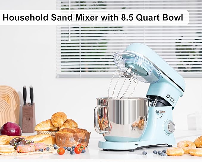 Kitchen in the box Stand Mixer - 8.5 Quart Mixing Bowl with Handle, 900 Watt Heavy Bread Dough Standing Mixers Tilt-head with Dough Hook, Whisk, Flat Beater and Splash Guard (Blue)