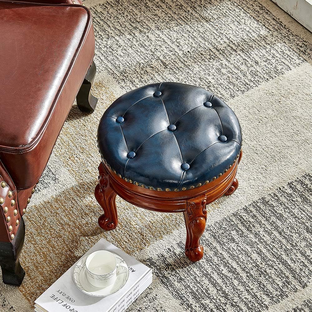 Solid Wood Foot Stool Round Ottoman Mid-Century Footrest Sofa Stool with Microfiber Leather Cushion for Living Room, Bedroom, Entryway (Dark Blue)