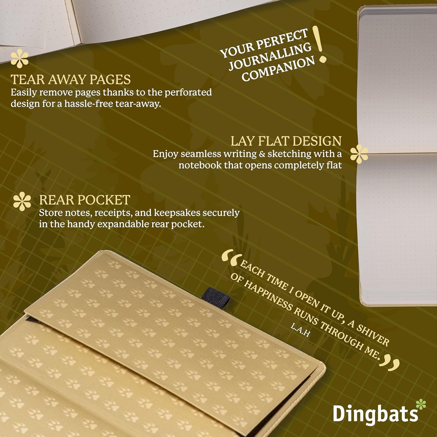 Dingbats* Wildlife Dotted Writing Journal Notebook A5 - Vegan Leather Hardcover - Ideal for Work, Travel - Pocket, Elastic Closure, & Bookmark