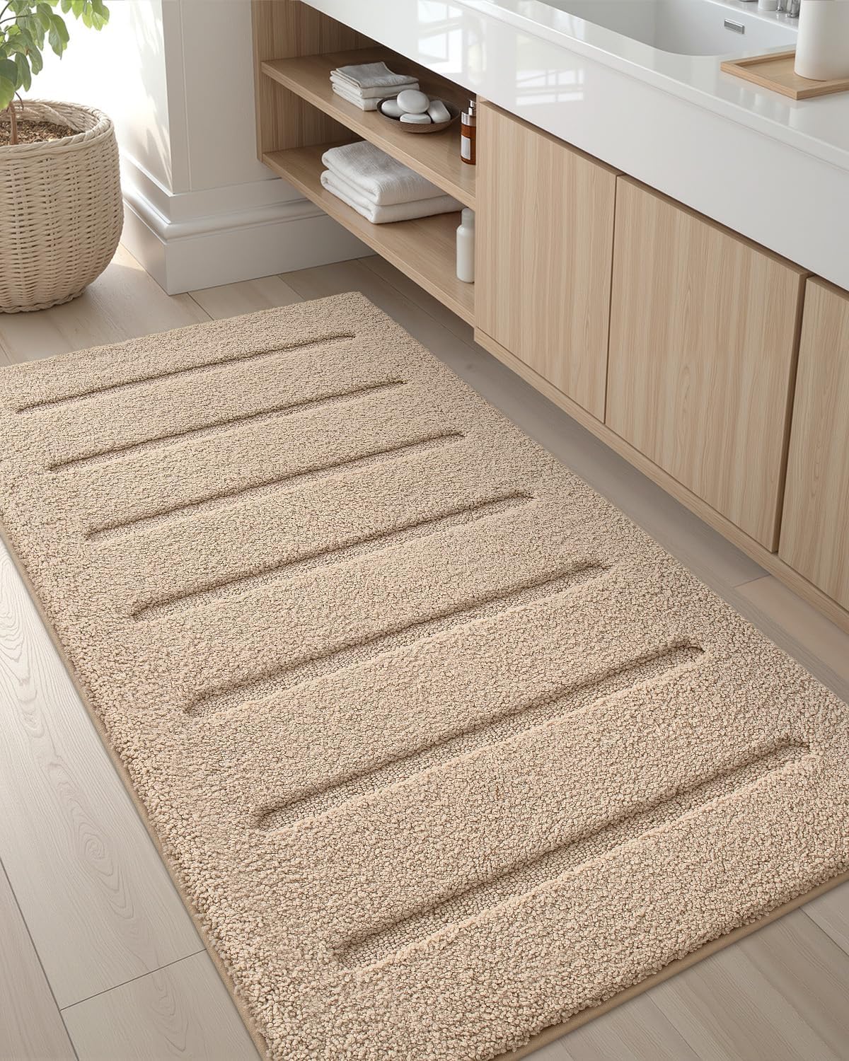 Color&Geometry Ultra Soft Plush Bathroom Rugs Non Slip Washable Bath Mat with Rubber Backing, Fluffy Absorbent Machine Carpet for Bathroom Floor, Tub and Shower, 24"x60", Khaki