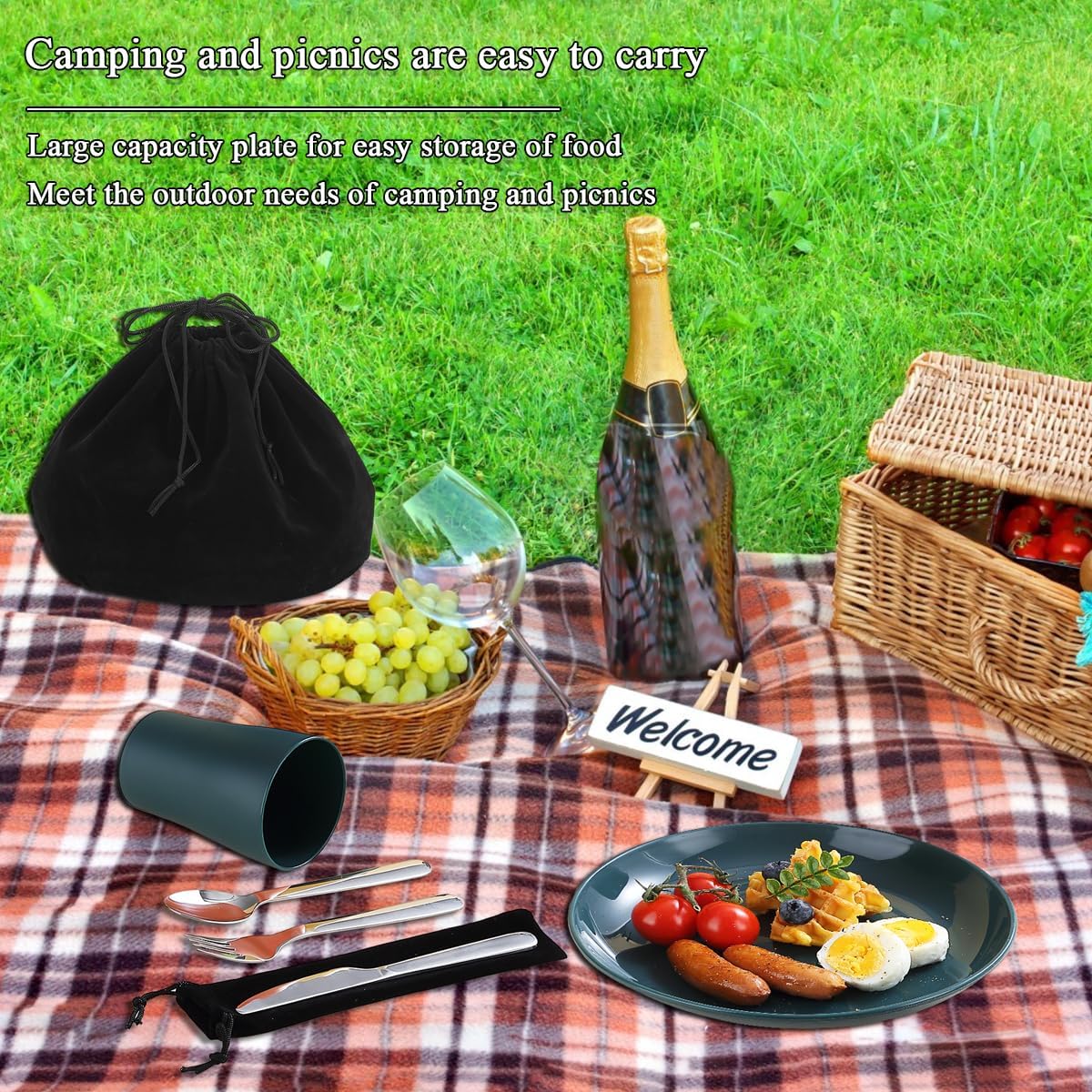 Evanda Camping Cutlery Set, Reusable Light Weight Mug, Plate and Stainless Steel Cutlery Set with Black Bag, Dishwasher Safe