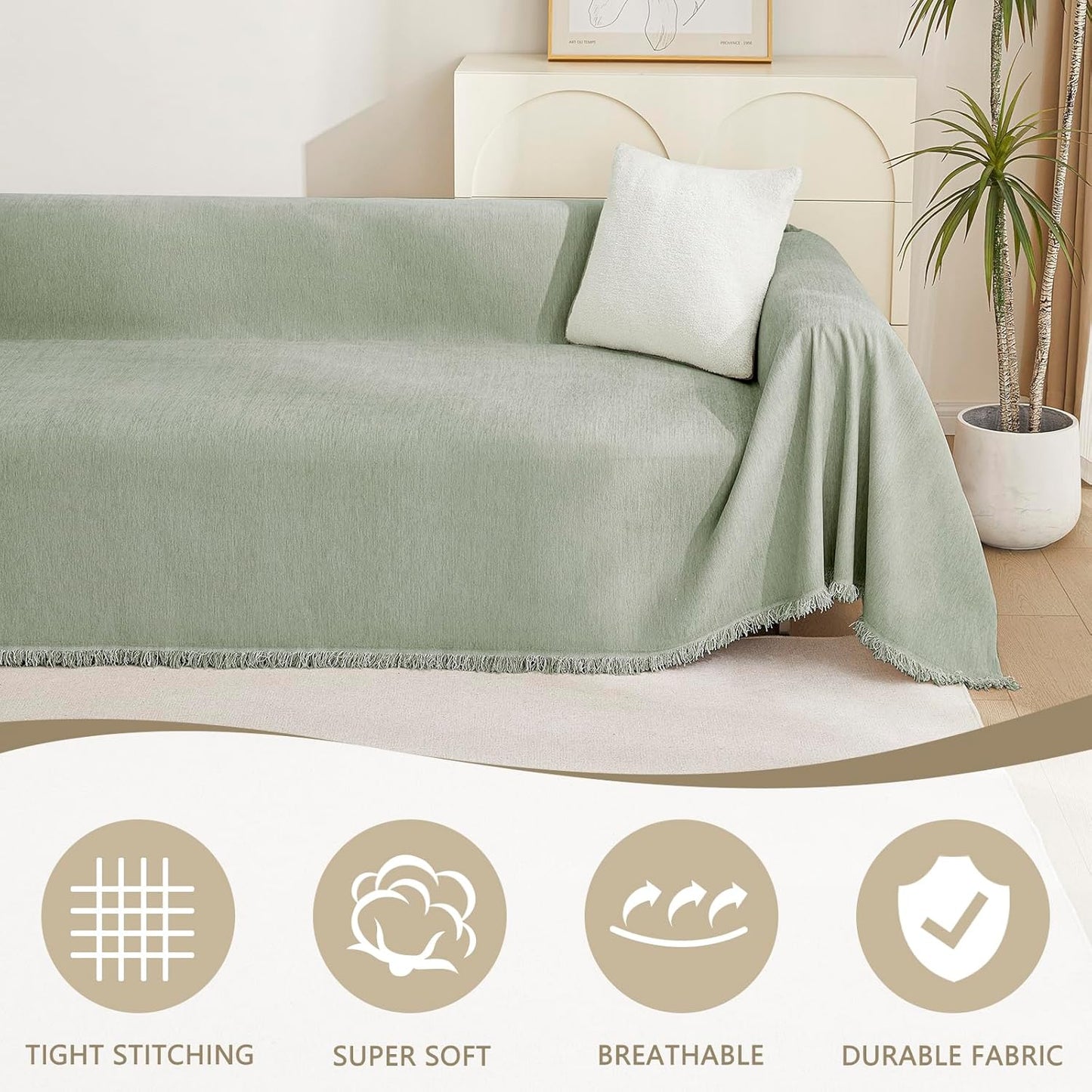 MYSKY HOME Sectional Couch Cover Blanket Living Room Furniture Protector for Pets, Farmhouse Home Decor Sofa Covers Tassel Chenielle Sofa Slipcover Soft Throw Couch for Dogs,71" X 118", Sage Green
