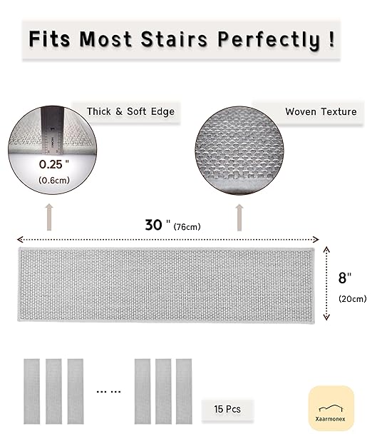 Natural Linen Stair Treads for Wooden Steps, 15 Pcs 8" x 30",Non Slip Stair Runner, Peel and Stick Carpet Indoor for Kids Elders and Pets (15, Grey, 8" x 30")