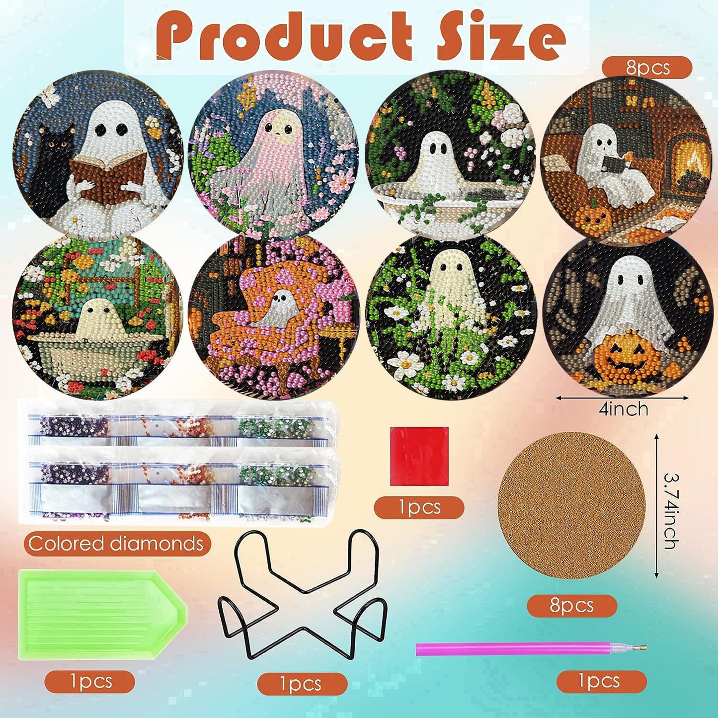 8 Pack Halloween Diamond Art Coasters Kits, Halloween Diamond Painting Coasters Kit with Holder, DIY Ghost Diamonds Art Non Slip Coaster Crafts Kits for Adults Gifts 4x4 inch (Cork Wooden Pad)