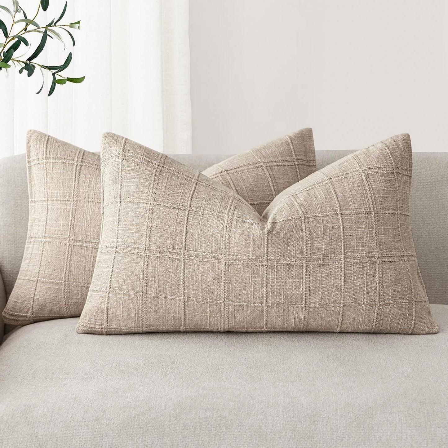 Foindtower Set of 2 Decorative Linen Check Throw Pillow Covers Neutral Farmhouse Lumbar Cushion Covers Modern Boho Home Decor for Sofa Chair Couch Bedroom Living Room Outdoor,12×20 Inch,Natural Linen