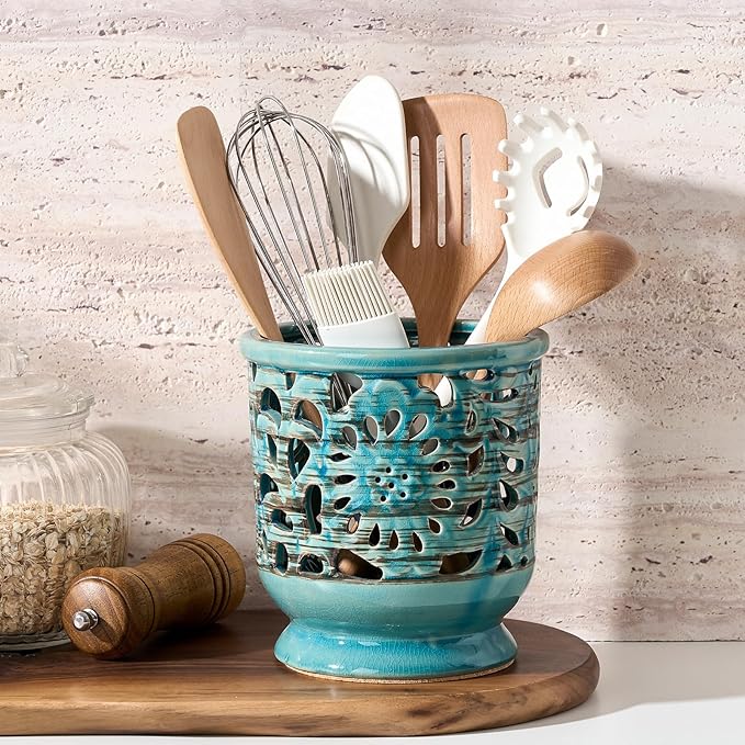 Farmhouse Kitchen Utensil Holder for Countertop, Ceramic Large Cooking Utensil Crock with Cork Mat, Hollow Carving Decorative Rustic Utensil Holder for Kitchen Counter, Antique Blue