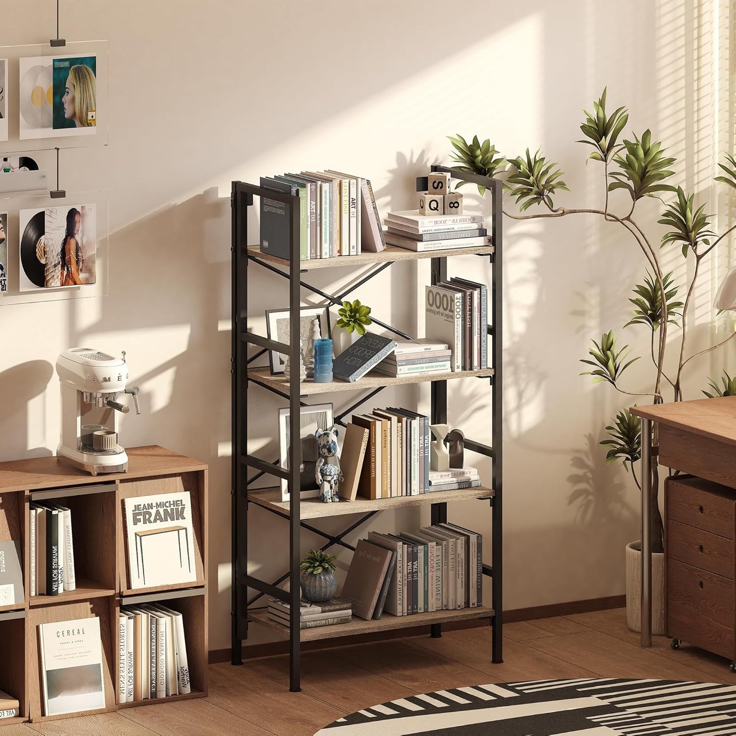 Folding Bookshelf,4 Tier Bookcase Foldable Shelf with X-Bracket Design, Adjustable Feet, Space Saving Storage for Living Room, Office, Brownish